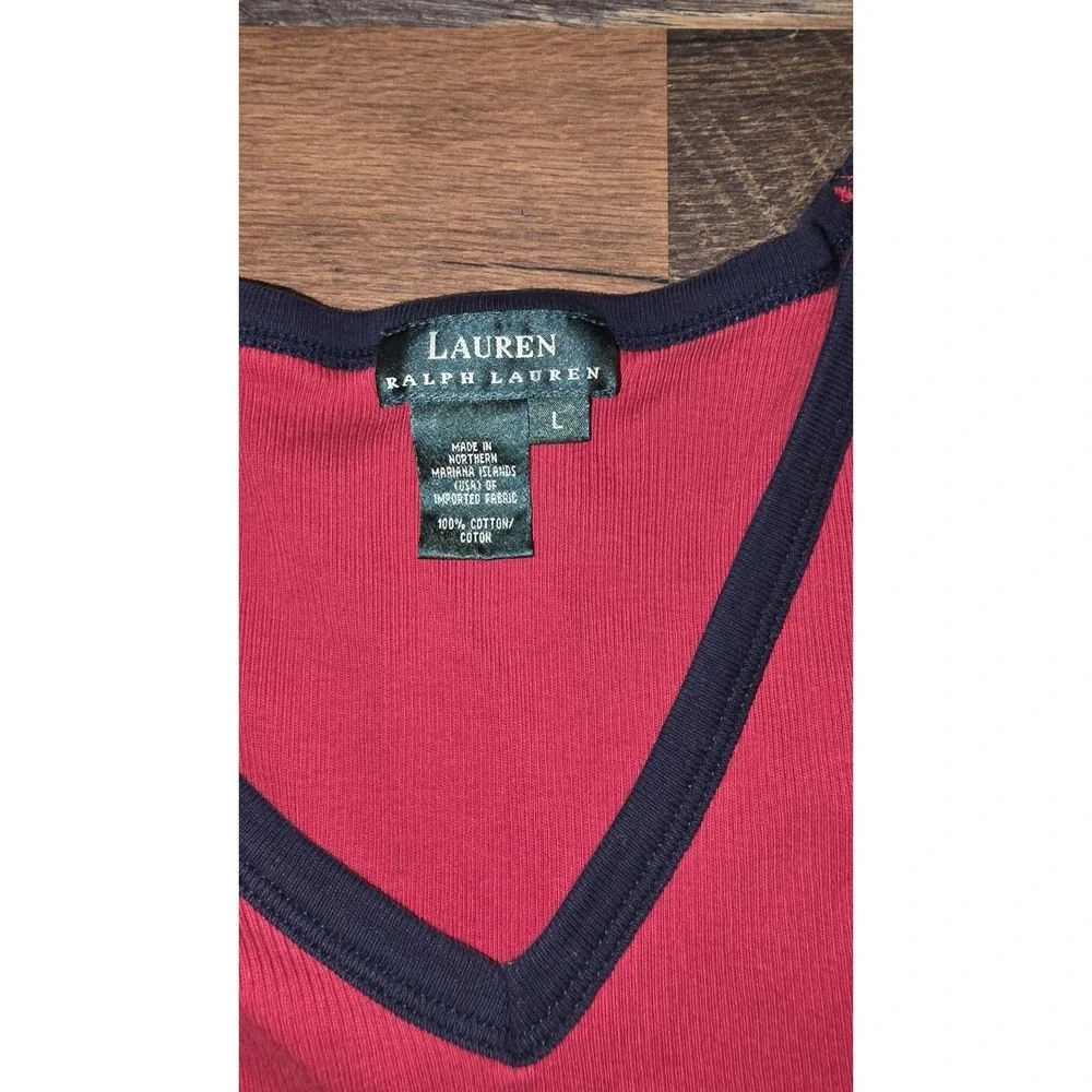 LRL Ralph Lauren Sleeveless Tank Top Women XL Red Navy V-Neck Ribbed Cotton Logo